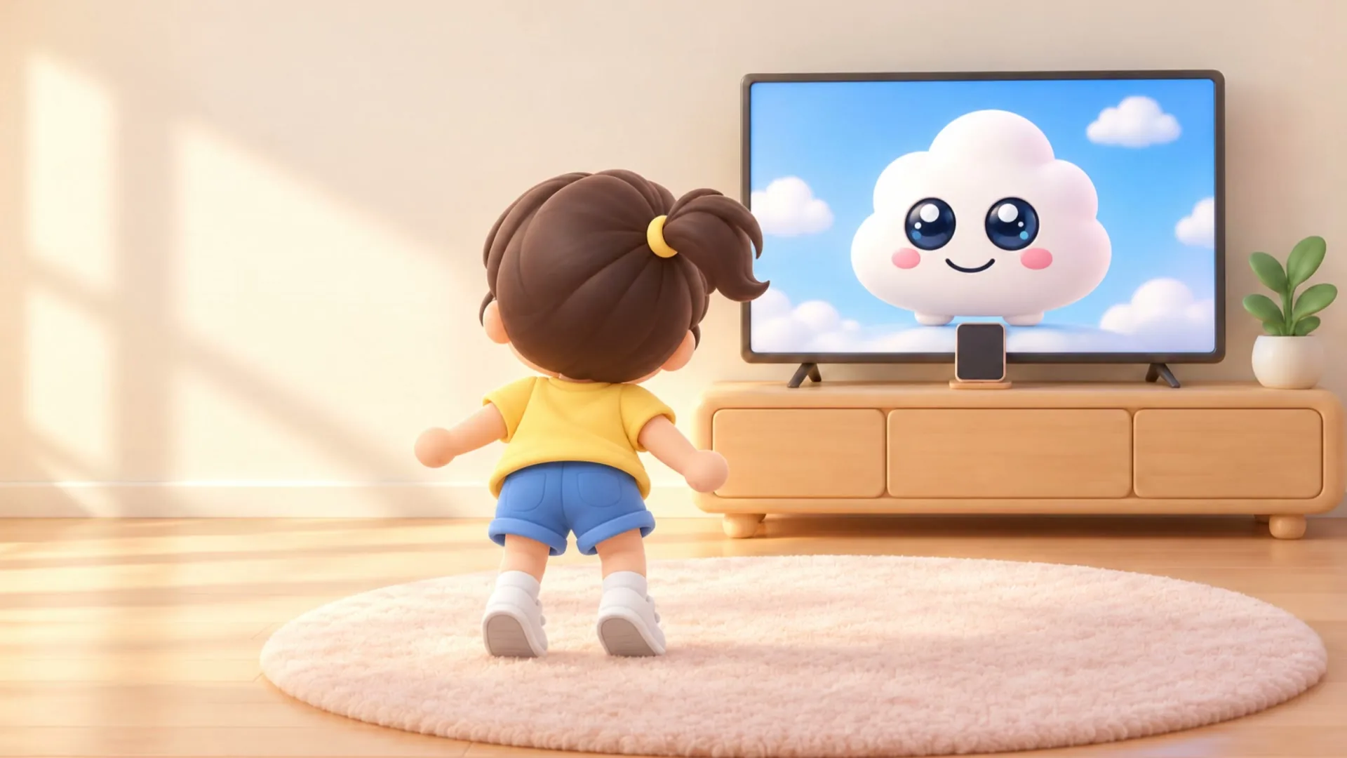 A girl stands in front of the TV, ready to jump, with Wooshi on the screen.